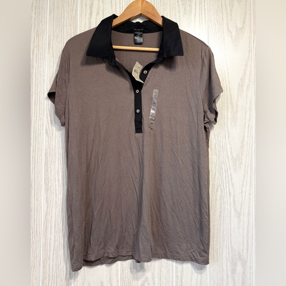 Ann Taylor Taupe Black Contrast Polo Top Short Sleeve Size XL NWT